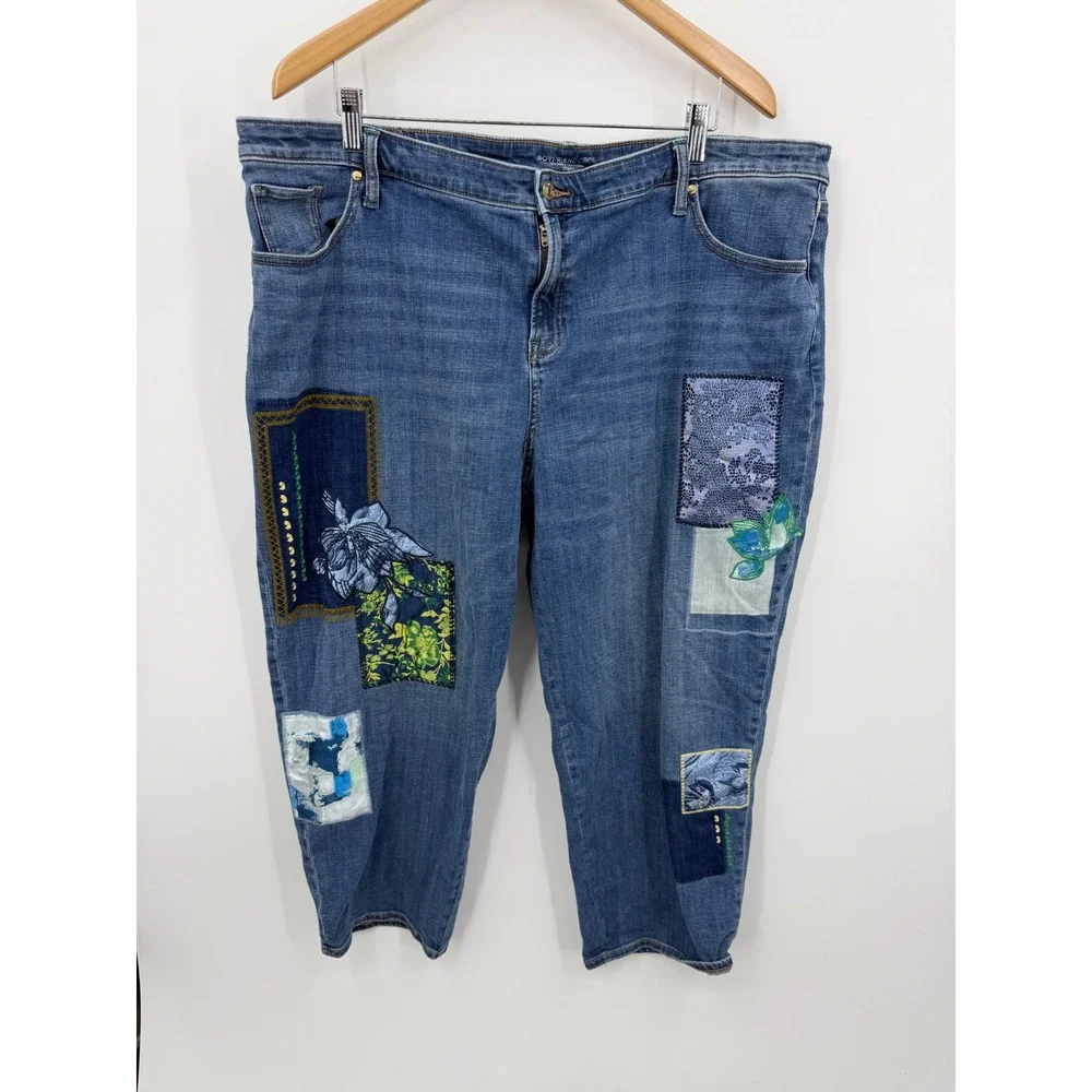 Chico's Boyfriend Crop Jeans Women 4 Size 20 Blue Patchwork Embroidered Floral